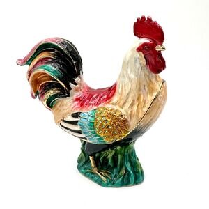 Vintage Kingspoint Designs Jeweled Enamel Rooster Trinket Box Swarovski Crystals